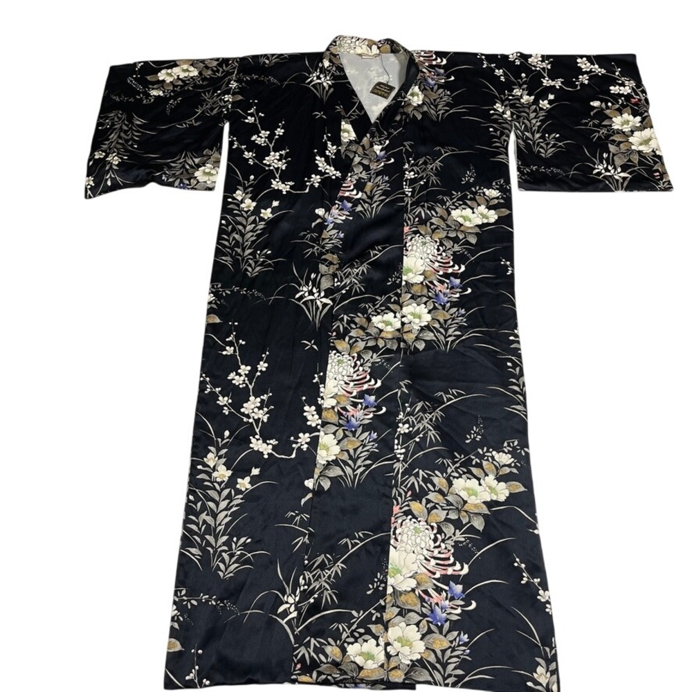 Vintage 1980s AMITA Japan 100% Silk Kimono Robe Black Floral Gold NWT Sash